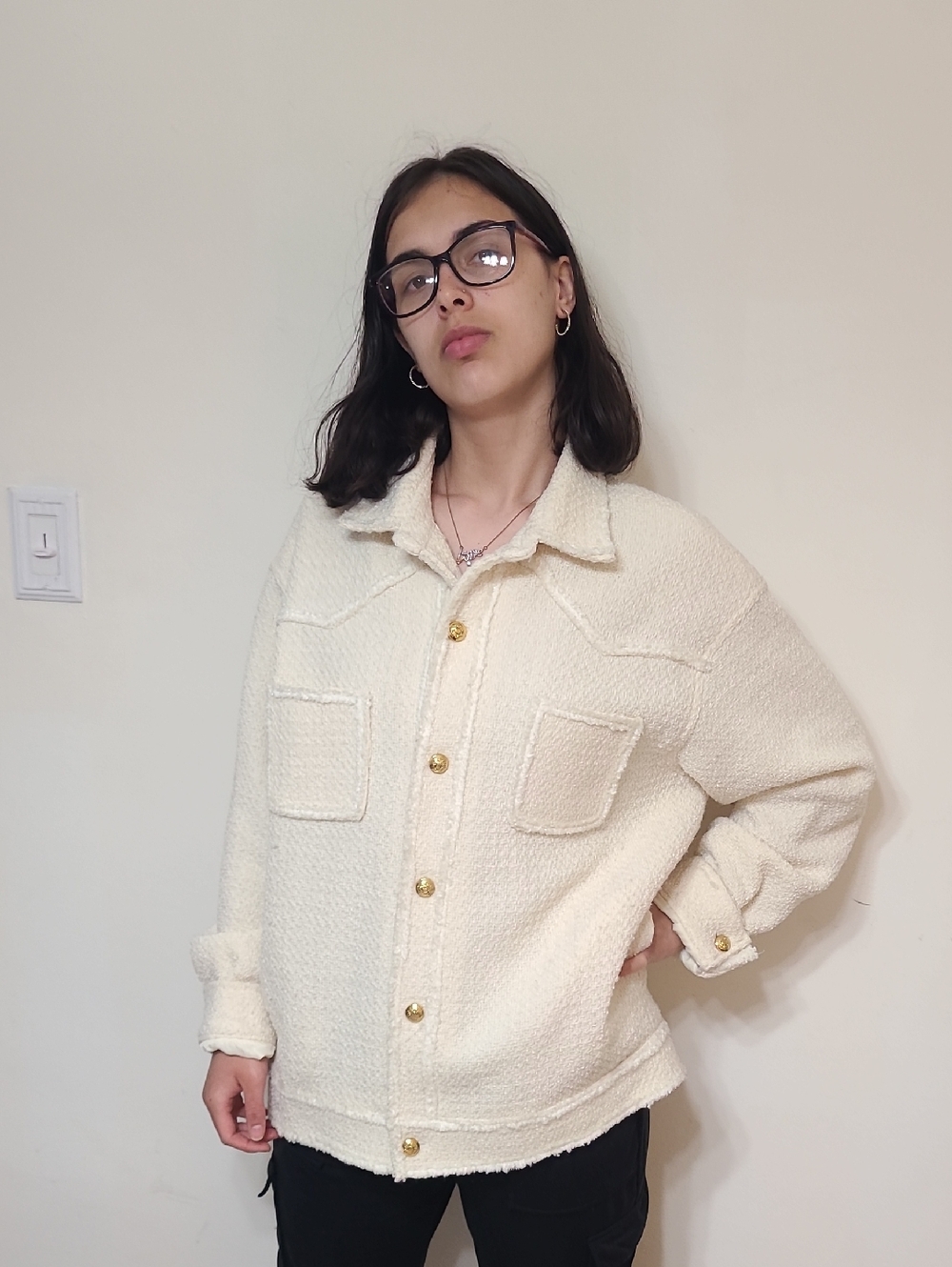 CHANEL Cream Bouclé Jacket with Gold Buttons